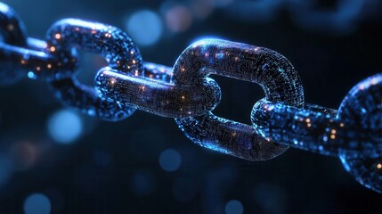Poster - A close-up of a digital chain link, illustrating connections and technology with a glowing, futuristic appearance against a dark background.