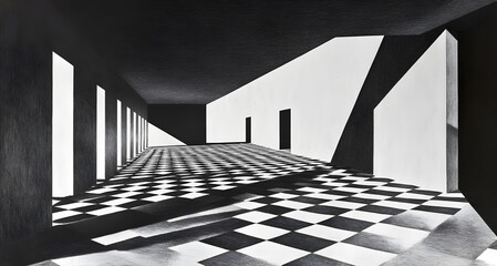 Poster - abstract hallway: a stark black and white photograph captures the essence of a hallway, with geometr