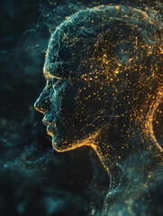 Poster - digital soul: a mesmerizing profile of a human head, rendered in intricate glowing lines, evokes a s