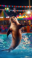 Wall Mural - Seal jumps in pool at night, colorful lights background.