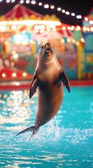 Wall Mural - Sea lion jumping out of the water at a circus show.