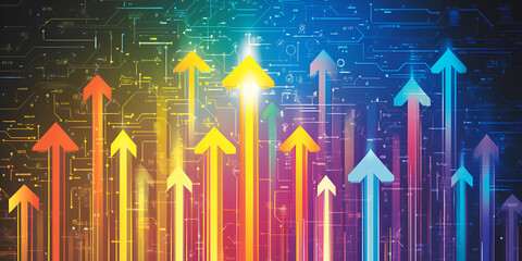 Poster - Rainbow Arrows of Progress: A vibrant array of colorful arrows ascend dynamically, symbolizing growth, innovation, and technological advancement.