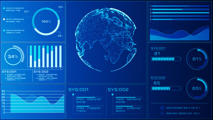 Poster - Global data visualization dashboard with earth graphic. High-tech interface displaying a digital Earth surrounded by analytics for global data monitoring and statistics. Background 3d rendering