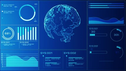 Poster - Global data visualization dashboard with earth graphic. Displaying a digital Earth surrounded by charts, graphs, and analytics for global data monitoring and statistics. Background animation 4k