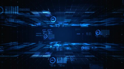 Poster - Futuristic digital data flow with analytics interface. Abstract technology scene showing a futuristic digital environment with floating data and analytical elements in blue tones. Seamless loop 4k