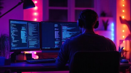Poster - A person is programming at dual monitors in a dimly lit room, illuminated by colorful LED lights, creating a vibrant tech environment.