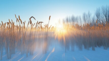 Wall Mural - A serene winter landscape with tall grasses illuminated by a warm sunrise.