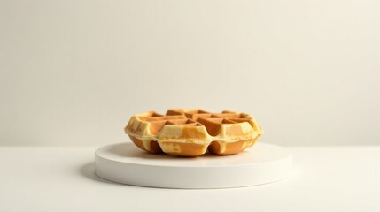 Sticker - A single, golden-brown waffle rests delicately on a minimalist white circular platform, showcasing its intricate grid pattern and subtly crispy texture against a clean, bright background.