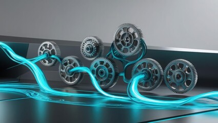 Poster - Intricate Gears Intertwined with Blue Illuminations Creating a Dynamic and Engaging Industrial Scene Highlighting Mechanical Precision and Innovation