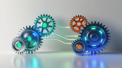 Poster - intricate interlocking gears emitting glowing green and orange hues symbolizing innovation and techn