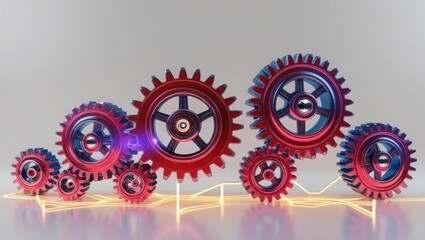 Poster - Vibrant Red Gears Intertwined with Glowing Lights Creating a Dynamic Industrial Scene Evoking Energy and Innovation in a Mechanized World