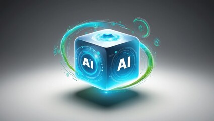 Poster - Intricately Designed Blue and White Dice Featuring the Word AI Representing Technology and Chance in a Playful and Innovative Gaming Environment