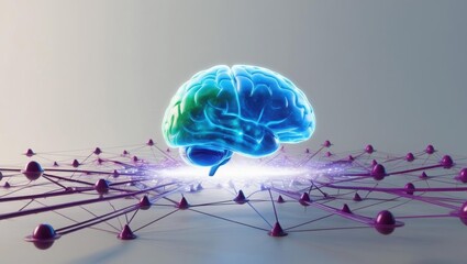 Poster - Intricate Brain Surrounded by Shimmering Pieces in Shades of Purple and Blue Representing Creativity and Imagination in a Dynamic Abstract Concept
