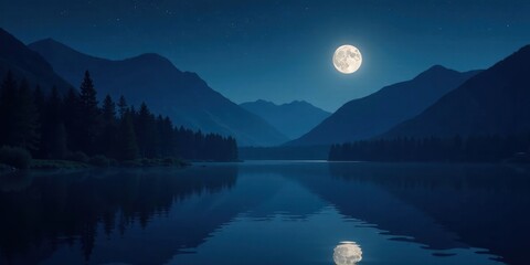  Serene Nighttime Landscape Full Moon Illuminates a Tranquil Lake Nestled Amongst Majestic Mountains and Dark Evergreen Trees
