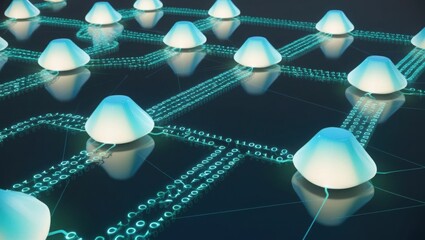 Poster - Intricate Network of White Spheres Interconnected by Binary Symbols Representing the Complexity of Digital Communication and Data Transfer in Modern Technology