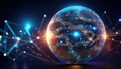 Poster - intricate sphere embedded with complex circuitry radiating futuristic technology in a minimalistic s