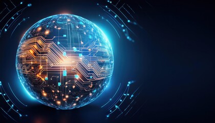 Poster - Futuristic Globe Surrounded by Intricate Circuitry Representing Global Connectivity and Technology in a Modern Digital World with Electric Vibes