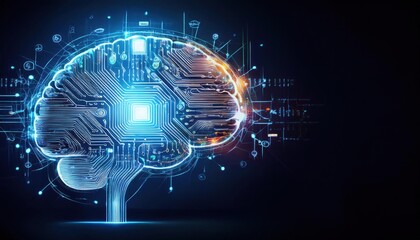 Poster - Intricate Representation of a Human Brain Intertwined with Futuristic Circuits Symbolizing the Fusion of Neuroscience and Technology in Modern Society