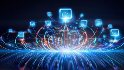 Poster - Dynamic Blue and Red Light Streaks Flowing Across a Deep Black Background Evoking a Sense of Energy Movement and Modern Visual Aesthetics