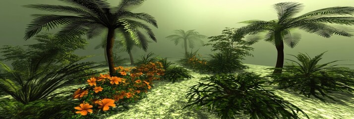 Wall Mural - Lush, serene landscape featuring palm trees and vibrant flowers in a misty environment.