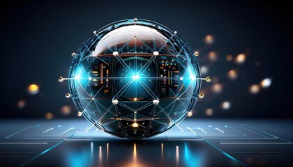 Poster - intricate sphere representing global connectivity with a network of lines and nodes illustrating tec