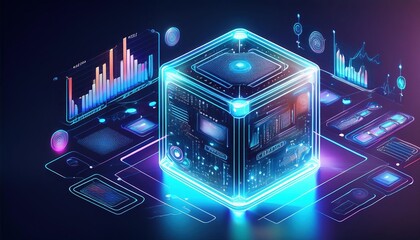 Poster - Futuristic Neon Cube Illuminated with Bright Glowing Colors Against a Dark Background Creating a Striking and Modern Visual Experience of Technology