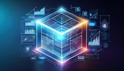 Poster - Vibrant Neon Blue Cube Set Against a Deep Blue Background Creating a Futuristic and Abstract Visual Experience with a Modern Artistic Flair and Charm