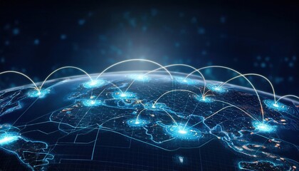 Poster - intricate world map with numerous interconnected lines representing global connectivity and interact