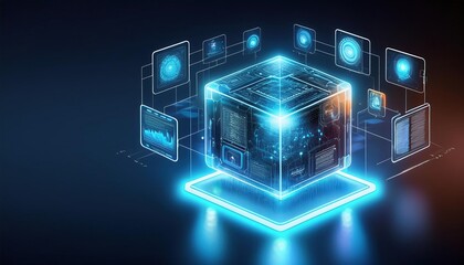 Poster - Mystical Cube Illuminated by Ethereal Blue Light Creating an Enigmatic Atmosphere of Wonder and Intrigue in a Darkened Surrounding Environment
