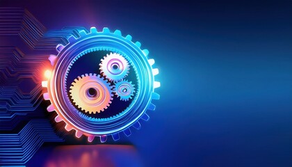 Poster - Vibrant Blue and Orange Background Featuring Intricate Gear Wheel Symbolizing Innovation and Technology in a Dynamic and Modern Style Composition