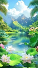 Wall Mural - A serene landscape featuring a tranquil lake surrounded by lush mountains and blooming flowers.