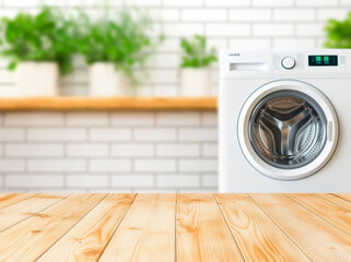 Washing machine standing on wooden floor in laundry room with white brick wall and green plants on shelf