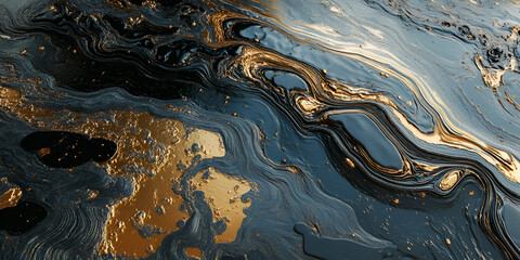Poster - liquid gold abstract: a mesmerizing blend of deep blues, blacks, and shimmering golds creates a capt