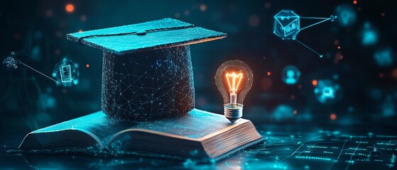 A graduation cap on a book with a glowing lightbulb
