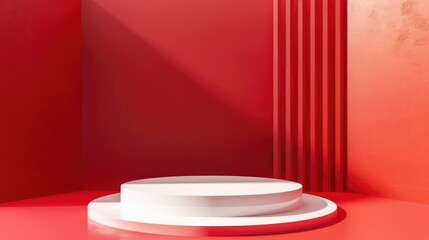 Wall Mural - Pedestal of platform display with modern stand podium on red room background