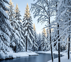 Wall Mural - Winter panorama landscape with a snow-covered forest and trees at sunrise. A winter morning marking the beginning of a new day. Winter landscape with sunset, panoramic view