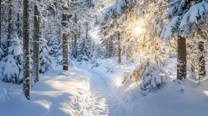 Sticker - Snowy Forest Path With Sunbeams