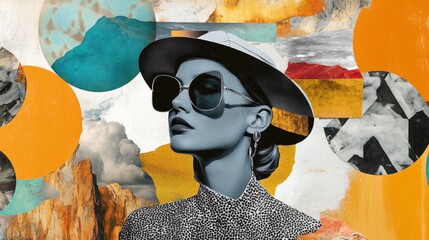 Poster - Collage Portrait of a Woman Wearing Sunglasses and a Hat