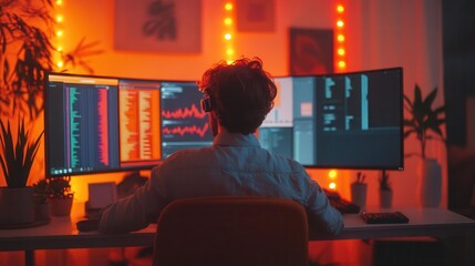 Poster - A person analyzes data on multiple screens in a dimly lit environment with glowing lights and plants, creating a focused, tech-savvy atmosphere.