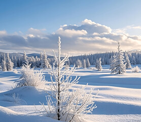 Wall Mural - Winter panorama landscape with a snow-covered forest and trees at sunrise. A winter morning marking the beginning of a new day. Winter landscape with sunset, panoramic view