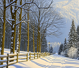 Wall Mural - Winter panorama landscape with a snow-covered forest and trees at sunrise. A winter morning marking the beginning of a new day. Winter landscape with sunset, panoramic view