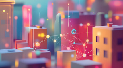 Poster - Smart City Dreamscape: A vibrant, stylized 3D rendering of a futuristic cityscape interconnected by glowing nodes, symbolizing technological advancement and urban connectivity.