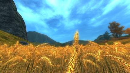 Wall Mural - A serene landscape featuring golden wheat under a blue sky with distant mountains.