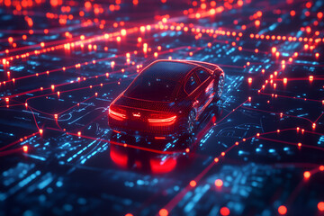 Poster - The Future of Driving: A sleek, futuristic car navigates a network of glowing circuitry, symbolizing the intersection of technology and transportation.
