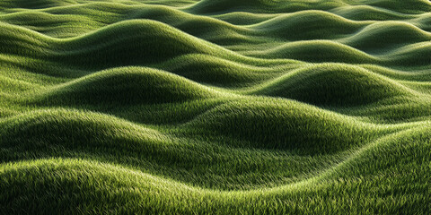 Poster - Rolling Green Hills: A panoramic view of lush, undulating grass fields under a clear, sunny sky. The gentle curves create a sense of tranquility and peace, perfect for nature-themed projects. 