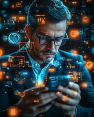 Aufkleber - A professional businessman using a smartphone with floating digital icons around him