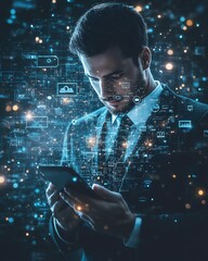 Aufkleber - A professional businessman using a smartphone with floating digital icons around him