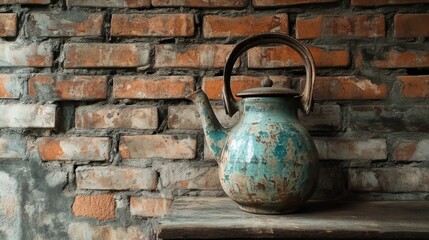 Wall Mural - Vintage Teapot Against Rustic Brick Wall