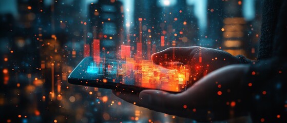 Fototapete - Closeup of a businessman holding a smartphone, showing a 3D hologram of metaverse, digital marketing, and banking icons, glowing futuristic cityscape in the background