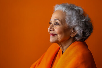 Elderly woman in orange shawl smiling, looking to the side with gentle expression, set against a warm orange background.